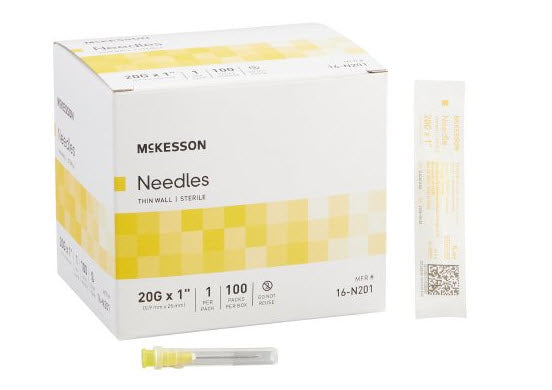 Hypodermic Needle McKesson Without Safety 20 Gauge 1 Inch Length Thin Wall (Box of 100) - 16-N201