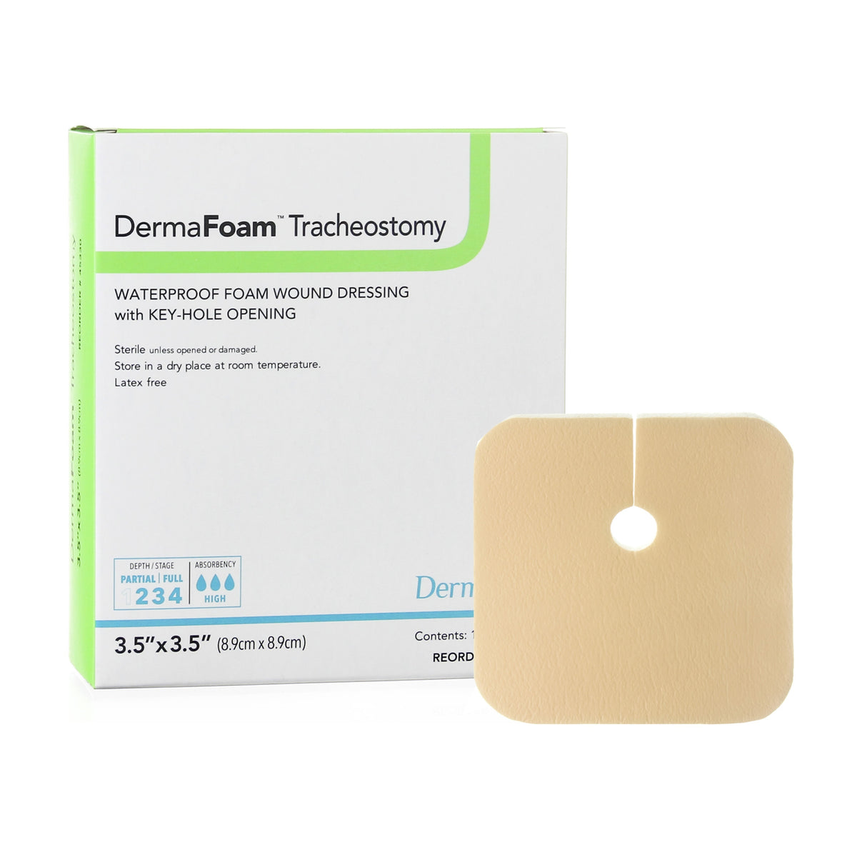 DermaFoam® Tracheostomy 3-1/2 X 3-1/2 Inch Without Border Fenestrated Square Sterile (Box of 10) - 45330