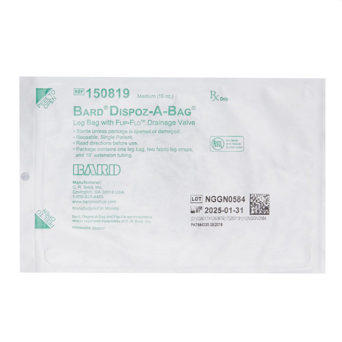 Bard® Urinary Leg Bag Dispoz-a-Bag® Anti-Reflux Valve Sterile 562 mL 150819 - Each