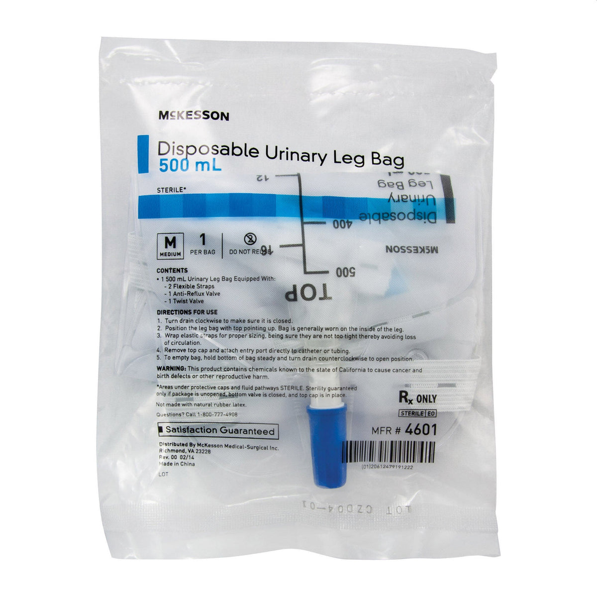 Urinary Leg Bag Anti-Reflux Valve Sterile 500 mL Vinyl - Each