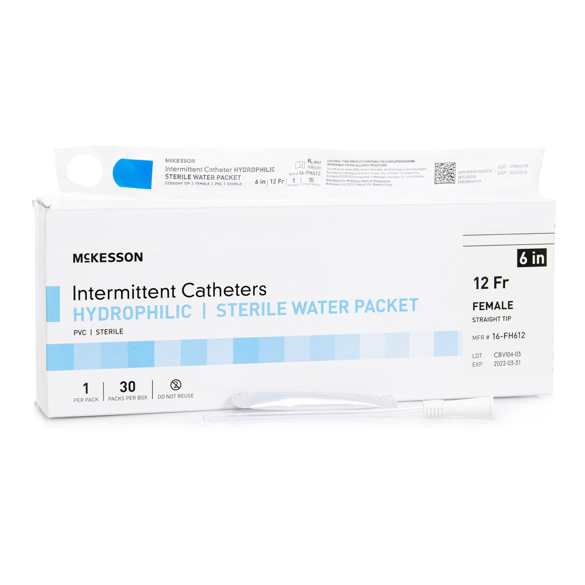 Urethral Catheter McKesson Straight Tip Hydrophilic Coated PVC 12 Fr. 6 Inch Length (Box of 30) - 16-FH612