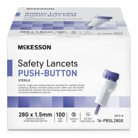 Safety Lancet McKesson 28 Gauge Retractable Push Button Activation Finger (Bx/100) - 16-PBSL28GX