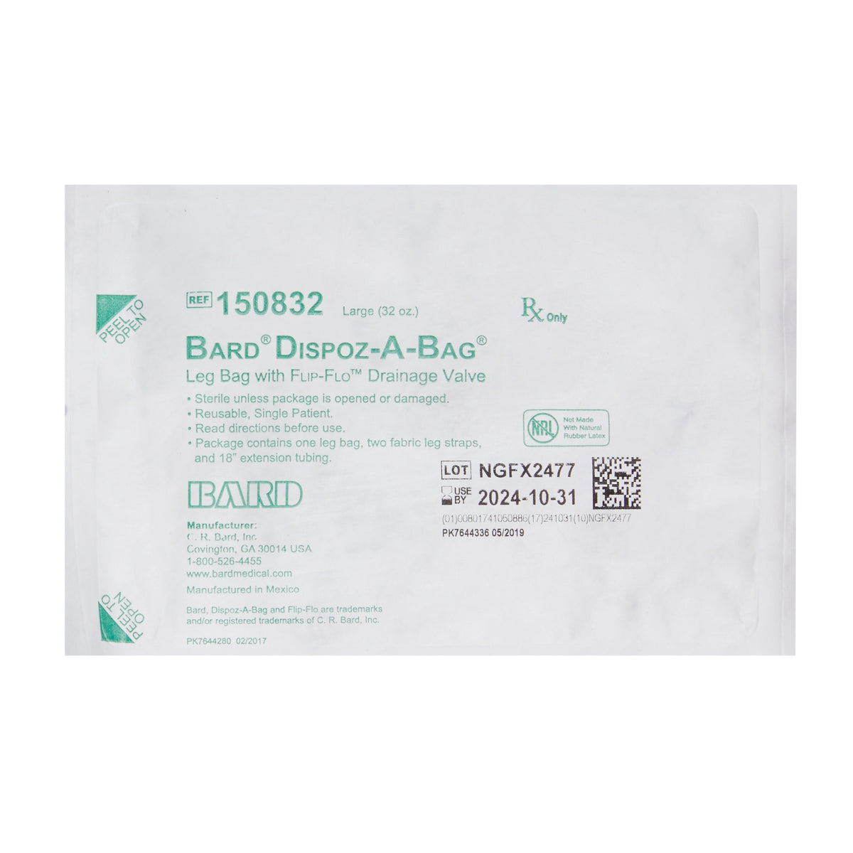 Bard Dispoz-A-Bag® Leg Bag with Flip-Flo™ Valve, Sterile, Fabric Leg Straps, 18" Extension Tubing 32 oz - Each - alternate view 2 - ULB150832