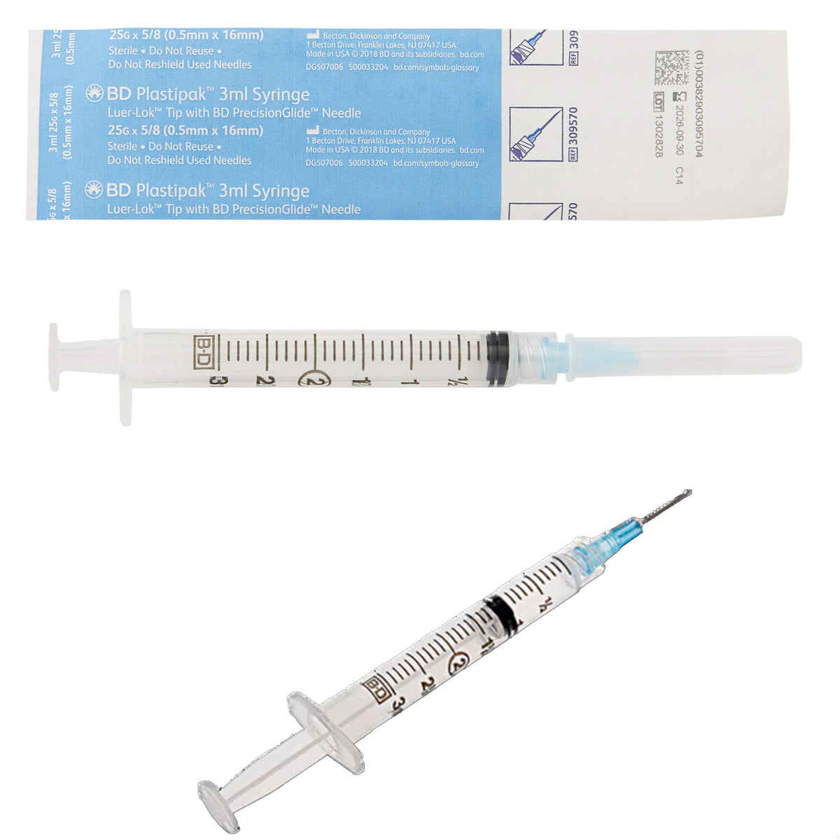 Standard Hypodermic Syringe with Needle PrecisionGlide 3 mL 5/8 Inch 25 Gauge NonSafety Thin Wall (Case of 800) - 309570