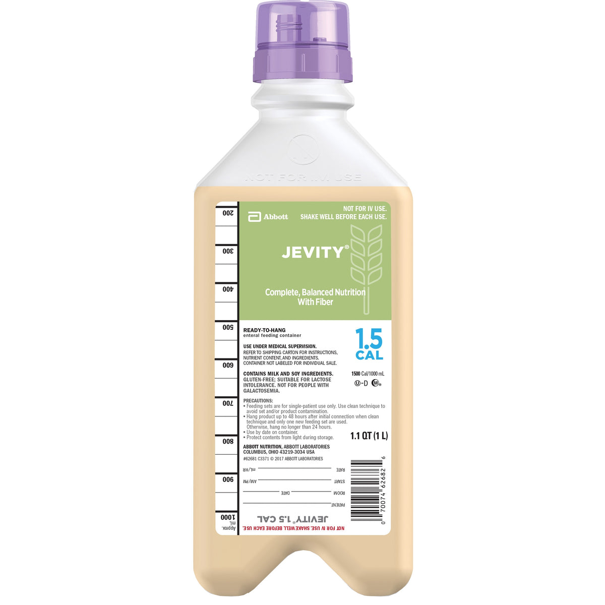 Tube Feeding Formula Jevity® 1.5 Cal with Fiber Unflavored Liquid 33.8 oz. Bottle (8/CS) - 62681