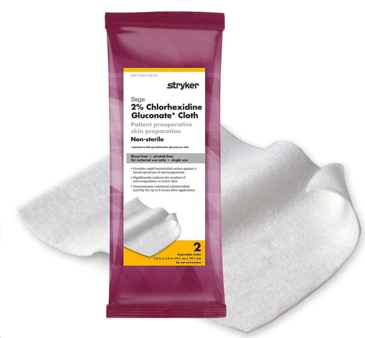 Stryker Sage Wipes 2% CHG (Chlorhexidine Gluconate) NonSterile (Pack/2) - 9705