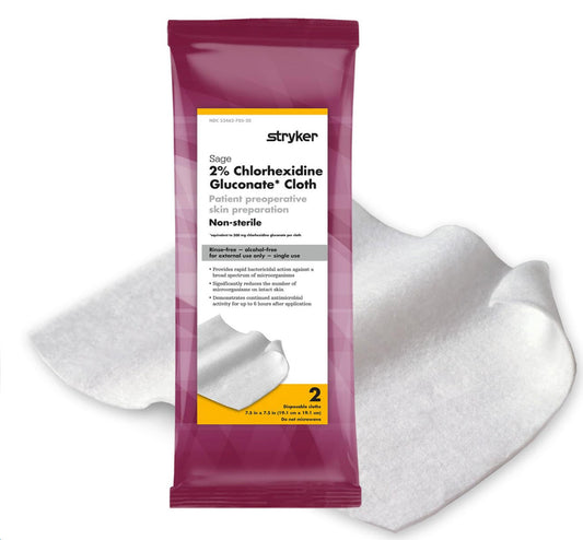 Stryker Sage Wipes 2% CHG (Chlorhexidine Gluconate) NonSterile (Pack/2) - 9705