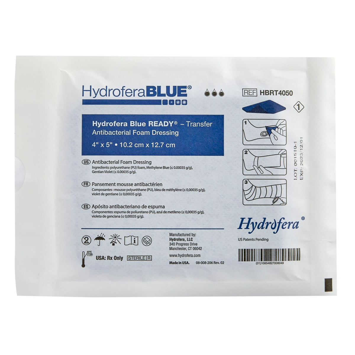 Antibacterial Foam Dressing Hydrofera BLUE® READY-Transfer 4 X 5 Inch Without Border Without Film Backing Nonadhesive Rectangle Sterile - Each - alternate view 2 - HBRT4050