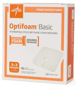 Optifoam Basic Non-Adhesive Foam Dressings, Fenestrated, Sterile, 3" x 3" (Box of 10) - MSC1133F