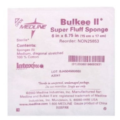 Medline Sterile Bulkee II Cotton Gauze Sponges, 6 x 6.75 Inch, Packaged 5 Sponges/Tray (Tray of 5) - BLKE25853